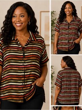 Stunt Multicolor Striped Button Front Blouse Size Large